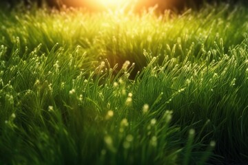 Fototapeta na wymiar Green grass with sunlight in the morning, soft focus. Nature background, generative Ai