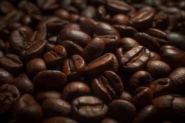 Obraz premium Coffee beans on a dark background. Selective focus, generative Ai