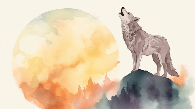 A wolf howling at the full moon watercolor Generative AI 