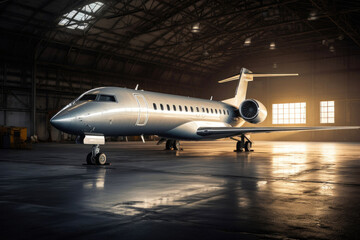 Bombardier global express business jet in large hangar. Generative AI