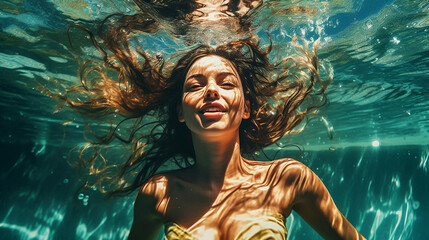 Happy woman has fun in the pool and enjoys the summer. Smiling and laughin at sunshine. Generative Ai	
