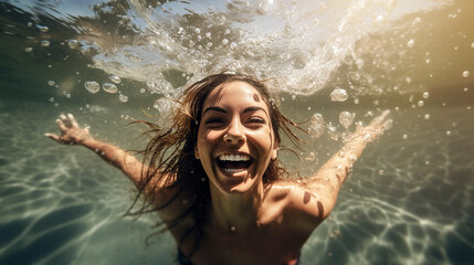 Happy woman has fun in the pool and enjoys the summer. Smiling and laughin at sunshine. Generative Ai	