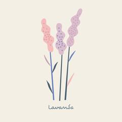 Abstract shape cutouts lavender flower vector illustration. Minimalistic floral summer spring pre-made print poster design.
