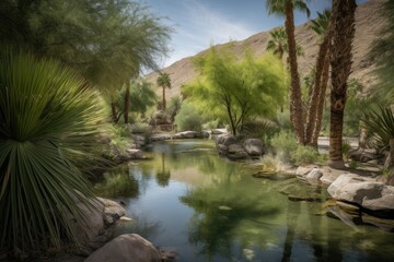 Fototapeta na wymiar desert oasis with lush gardens and water features, providing a peaceful escape, created with generative ai