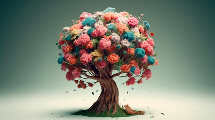 Human brain tree with flowers, self care and mental health concept, positive thinking, creative mind. Generative AI