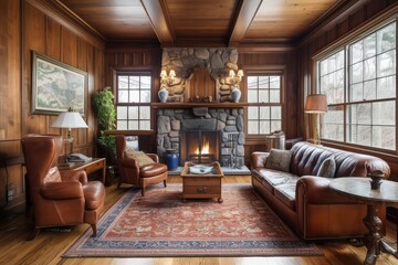 classic living room with wood-paneled walls, leather furniture and stone fireplace, created with generative ai