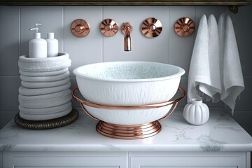 round white wash basin with copper faucet and towel rack, created with generative ai