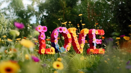 Love text letters design with colorful flowers in nature. Generative AI