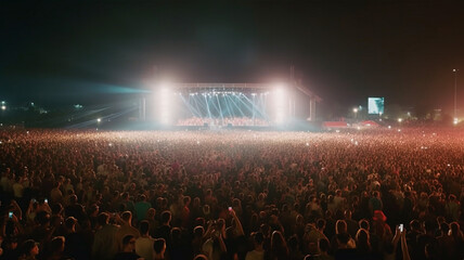 People crowd celebrating music festival concert in stadium. Generative AI