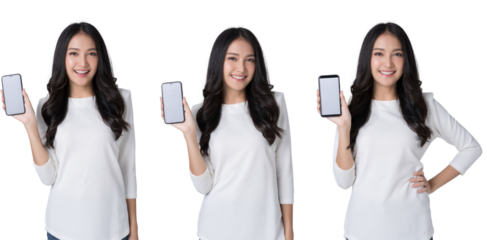 Beautiful Asian woman holding smartphone mockup of blank screen Isolate die cut on transparent background