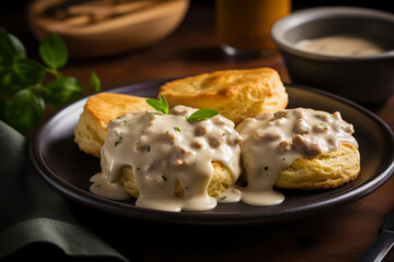 American biscuits from scratch covered with thick white sausage gravy.