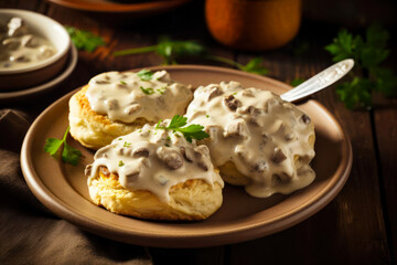 American biscuits from scratch covered with thick white sausage gravy.