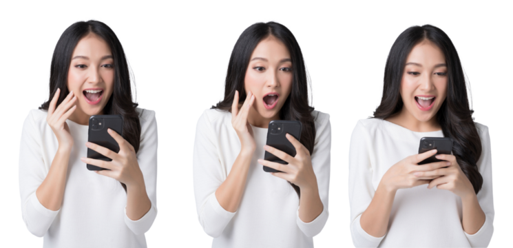 Pretty Asian woman looking at smartphone screen feeling surprise Isolate die cut on transparent background