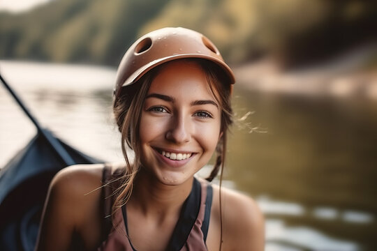 Closeup portrait of a smiling woman in a kayak on a lake.  Composite with different elements made with generative AI
