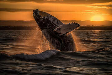 Fototapeta premium A whale jumping in the ocean at sunset. Composite with different elements made with generative AI