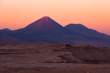 Licancabur volcano and and altiplano at dusk in the Atacama Desert, Chile