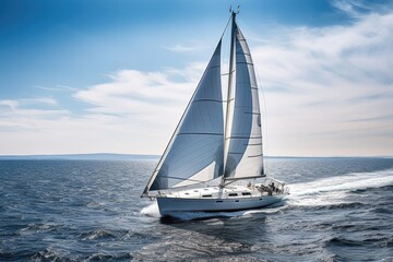 Fototapeta premium sailing boat with sails raised, racing against the wind, created with generative ai
