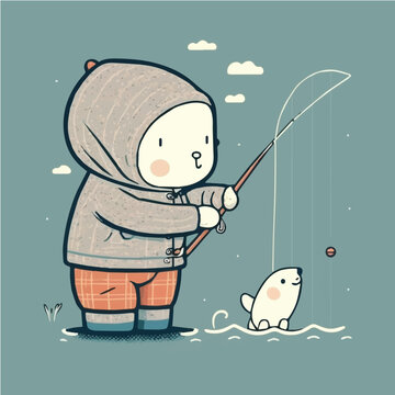 Vector illustration of a growth character Going on a fishing trip polar, hand-drawn, cartoonish, minimalist, comic
