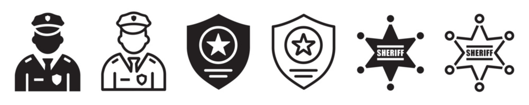 Set of police badge. Policeman officer avatar, sheriff, shield and officer star, sheriff medal, sheriff star. Law enforcement, uniform, police staff. Vector.
