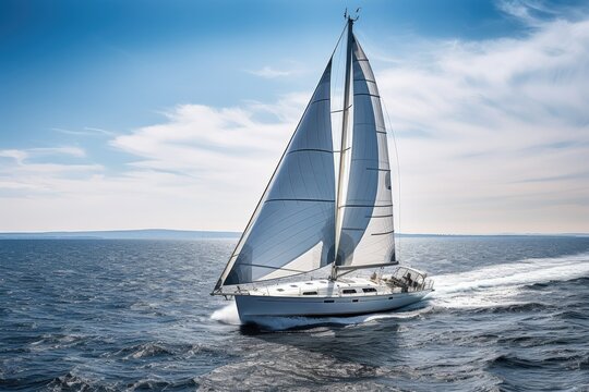 sailing boat with sails raised, racing against the wind, created with generative ai