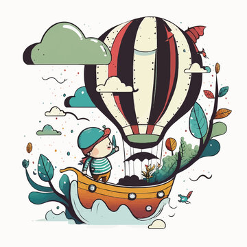Vector illustration of a journey character Going on a hot air balloon ride ocean, hand-drawn, cartoonish, minimalist, comic
