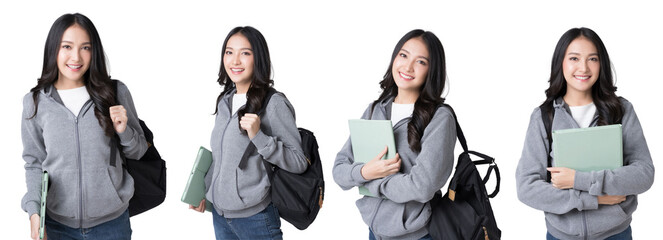 Young Asian girl college student with tablet and backpack Isolate die cut on transparent background - obrazy, fototapety, plakaty