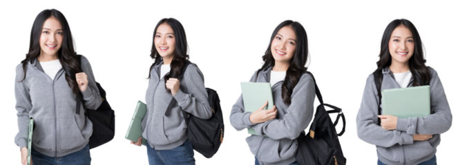 Young Asian girl college student with tablet and backpack Isolate die cut on transparent background