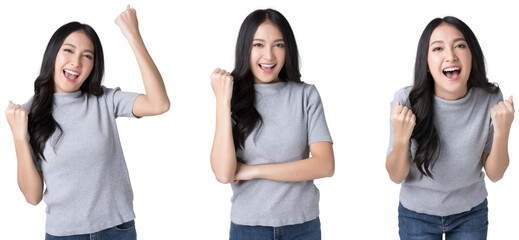 Young Asian cheerful excited girl say yes, looking happy and celebrating victory rejoice success fist hands Isolate die cut on transparent background