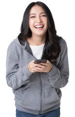 Asian woman Holding the phone smiling happily while looking at the camer Isolate die cut on transparent background
