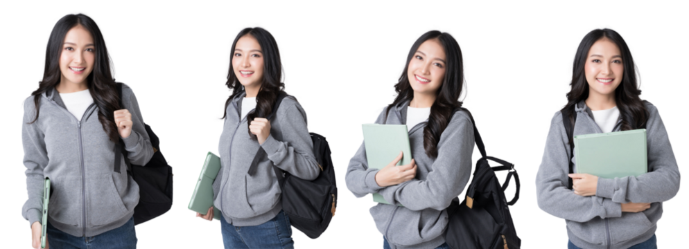 Young Asian girl college student with tablet and backpack Isolate die cut on transparent background