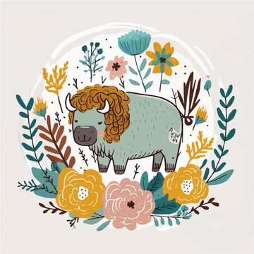 cute cute Bison simple, vibrant matte palette, cartoon, children book style, comic, artistic, flat character, Illustrator

