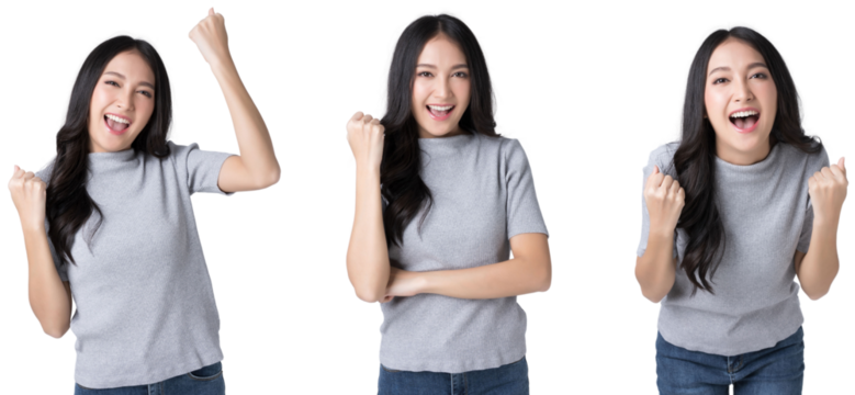 Young Asian cheerful excited girl say yes, looking happy and celebrating victory rejoice success fist hands Isolate die cut on transparent background