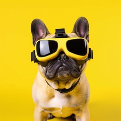 French Bulldog wearing VR glasses. Illustration isolated on yellow background. AI technology
