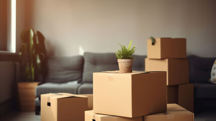 Bunch of blank moving boxes and house plants near the grey textile couch in a new apartment. Spacious living room with yellow walls, unpacked cardboard boxes. Interior background, AI Generative
