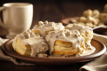 American biscuits from scratch covered with thick white sausage gravy.