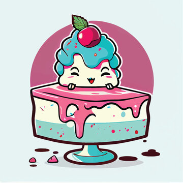 cute Ice cream cake food character, cartoon, children book style, artistic, theme print design, for t-shirt print and case, Illustrator
