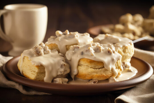 American biscuits from scratch covered with thick white sausage gravy.