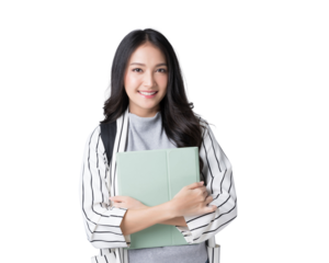 Young Asian girl college student with tablet and backpack Isolate die cut on transparent background