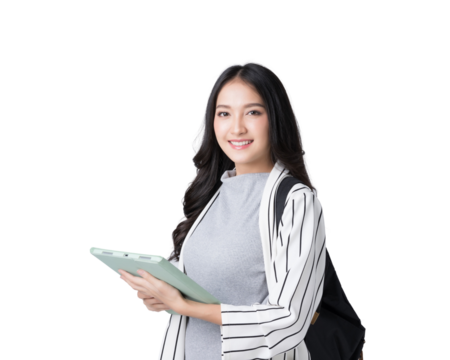 Young Asian girl college student with tablet and backpack Isolate die cut on transparent background