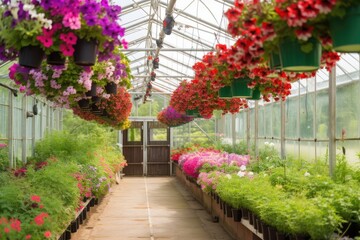 Fototapeta na wymiar a greenhouse with hanging baskets of beautiful flowers, created with generative ai