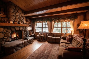 cozy cabin retreat with fireplace, warm and inviting on a chilly day, created with generative ai