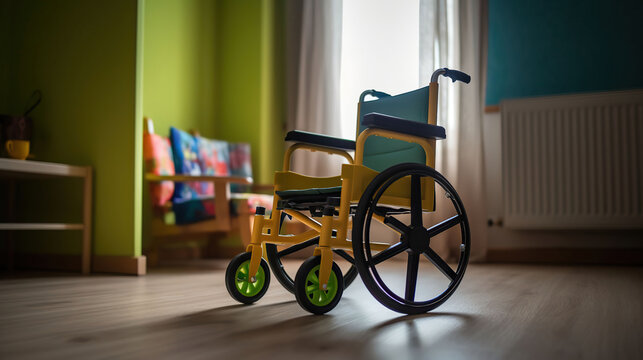 Empty wheelchair in childrens bedroom, AI Generative