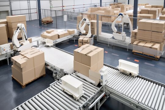packaging and sorting robots working together on large-scale production line, created with generative ai