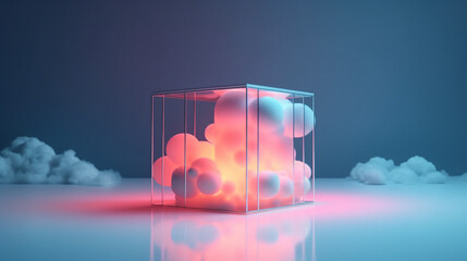 Cubed Neon Light Boxes with Illuminated Pastel Storm Clouds Glowing Inside - Sci-fi Background - Generative AI