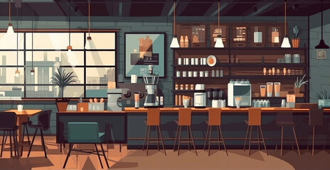 Modern Cafe Interior Empty No People Restaurant Flat Vector Illustration. Generative AI