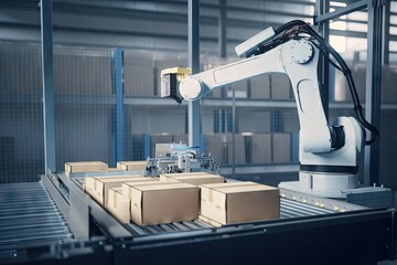 packaging and sorting robot, autonomously placing packages into shipping boxes, created with generative ai