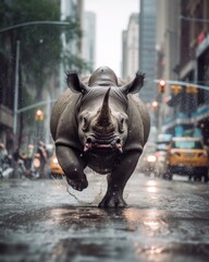 Fototapeta na wymiar Fierce and fearless: rhinoceros charges through New York, generative ai