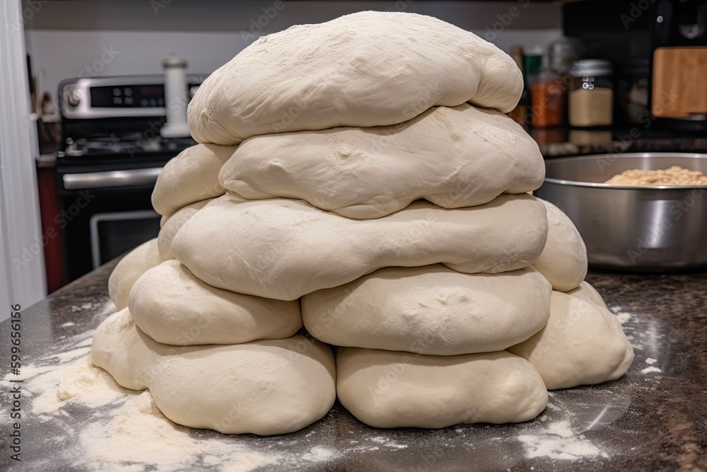 Sticker towering pile of pizza dough, ready for toppings, created with generative ai