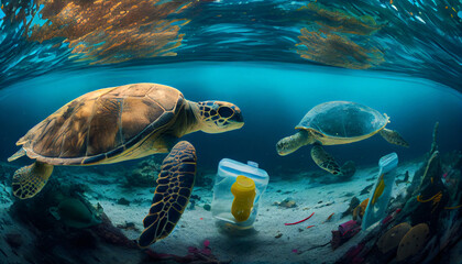 Obraz premium Two turtles and a plastic bag underwater, World Ocean Pollution, AI generated