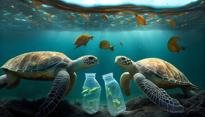 Two turtles and plastic bottles underwater, World ocean pollution, generated by AI